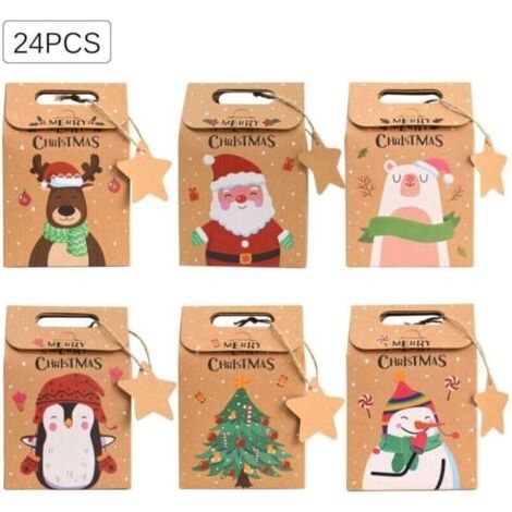 BUNTHAUS 24PCS Boîtes Sacs de Cadeaux de Noël(9 × 6 × 14cm), Pochette Cadeau Kraft Noël, Boîtes Cadeau de Noël en Papier Kraft, Pochette Noël boîtes pour Emballage Cadeau, Bonbons, chocolats, Biscuits