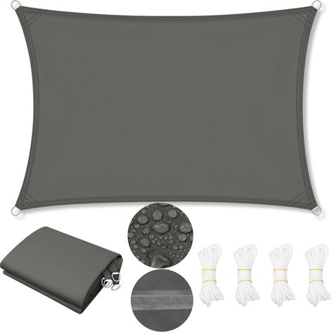 Voile d'ombrage imperméable en polyester 200 g/m², protection solaire et UV, avec anneau en D et corde, pour terrasse, balcon, camping, extérieur, 4 x 6 m, gris foncé (1/5)