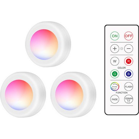 Lámpara LED redonda con control remoto, luz para armario de 16 colores RGB, 10 niveles de brillo, temporizador, inalámbrica, funciona con pilas, luz nocturna para cocina, baño, vestidor, etc. (1/5)