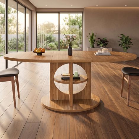 FurnitureR Dark Wood Round Extendable Dining Table 110 to 150cm Storage (1/5)