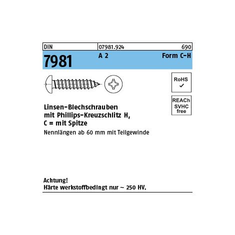 DIN 7981 Form C Linsenkopf-Blechschraube VG 4,8x45 Edelstahl A2 blank PH 250 Stk (1/2)