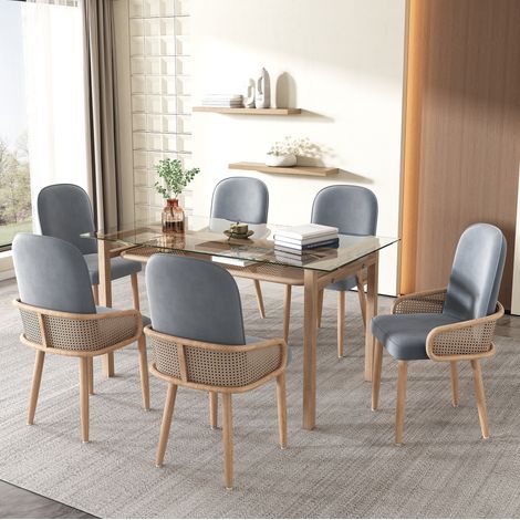 Set di 6 sedie da sala da pranzo in velluto e PE rattan, grigie HAVRYA (1/5)