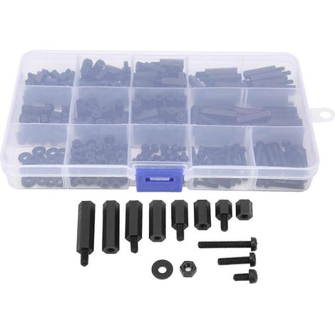 Kit d'assortiment de vis, écrous et goujons M3 hexagonaux en nylon, noir, en boîte.