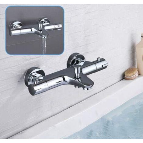 Thermostatische Badewannenarmatur 20-50 ℃, Edelstahl 2 Wasserauslässe Duscharmatur Mischbatterie Badezimmerarmatur verchromt, verbrühungssichere Duscharmatur mit Sicherheitsknopf bei 38 °C (1/5)