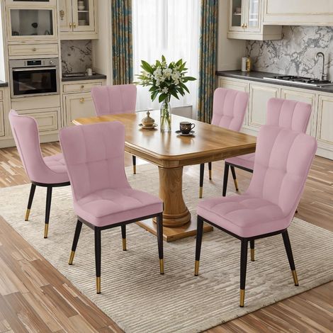 Lot de 6 chaises de salle à manger en velours rose, pieds métal noir et or (1/5)