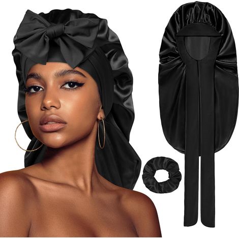 Gorro de dormir de satén para mujeres y niñas con banda elástica ancha, negro, talla L.