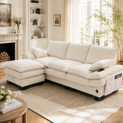 Canapé modulable 3 places en velours côtelé avec pouf coffre Beige 260 x 132 x 84 cm - PANGIVO (1/5)