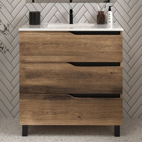 Meuble sous vasque seul, 3 tiroirs, 70cm, pour simple vasque - tabaco (chêne foncé) - MATA