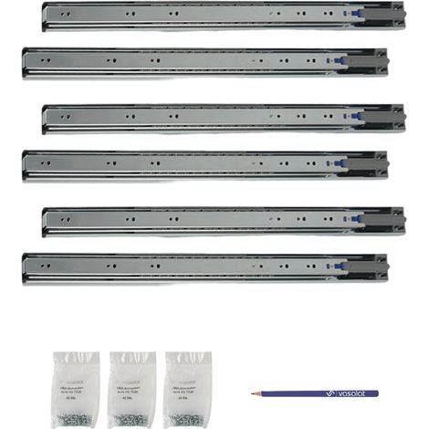 Schubladenschienen 550mm softclose Kugelführung - Vollauszug mit integrierter Dämpfung, 32-Systemlochung - 3 Paar