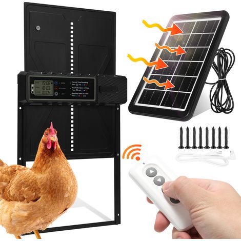 Jiubiaz Solar Hühnerklappe Automatisch mit Timer & Fernbedienung, 2000mAh Akku, LCD Display, Einklemmschutz, USB, Schwarz (1/5)