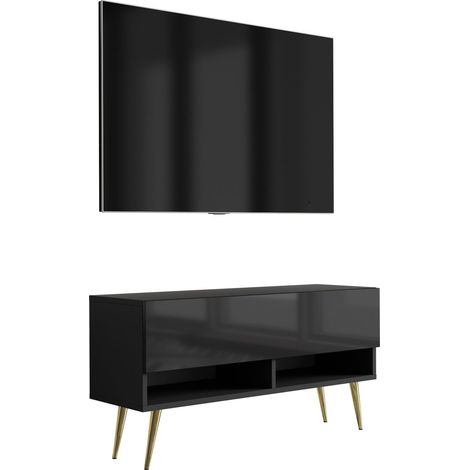Meuble TV : Noir Mat / Noir Brillant, pieds obliques dorés, 100 × 32 × 52 cm (1/5)