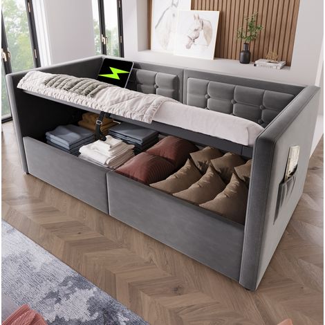 Divano letto in velluto grigio 90x200 cm con contenitore idraulico, USB e Type-C, rete a doghe (1/5)