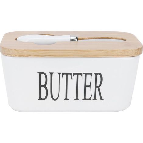 Beurrier avec couvercle en bois, boîte à beurre de cuisine en céramique avec couvercle hermétique, plateau de rangement. (1/5)