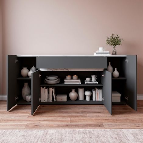 Credenza Moderna Madia Con 4 Ante E 1 Cassetto Mobile Contenitore Sala da Pranzo Soggiorno Design Senza Maniglie Elegante Capiente 170 x 85 x 40 Cm Congo E Rovere - Colore: Graffite e bianco (1/5)