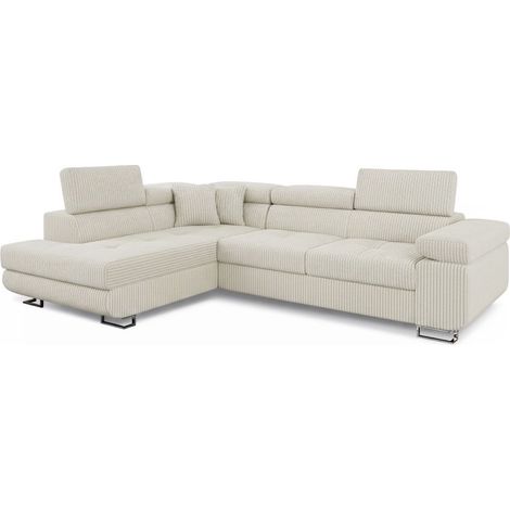 Canapé d'angle convertible Antoni avec têtières relevables angle à gauche Velours côtelé Beige