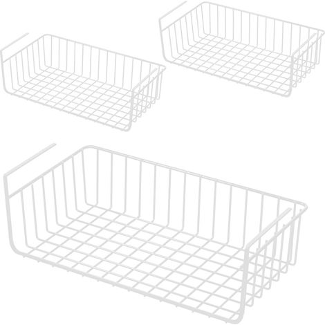 Under Cabinet Hanging Baskets, 3 Pack Metal Storage Basket Stackable Kitchen Office Cupboard Storage Basket, Tool-Free Installation, 38.5 x 24 x 13 cm, White (1/5)