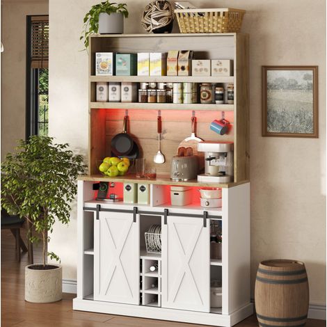 Credenza da cucina 110x40x191 cm con illuminazione a LED RGB, porte USB, vetrina in vetro, portabottiglie e ganci, MDF - bianco naturale (1/5)