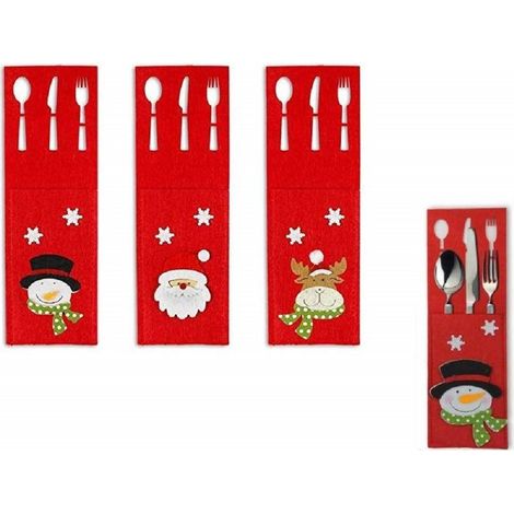 TRADE SHOP - 6pz Portaposate Feltro Natalizie Rosso 15x9cm Babbo Natale Renna Pupazzo Fiocco Rilievo -