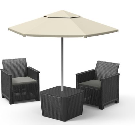 Keter – Salon de jardin 2 places avec coussins – Aspect osier anthracite – Table de rangement incluse – Assemblage rapide (1/4)