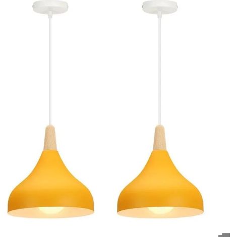 2pcs Lustre Suspension Vintage Jaune,E27 Moderne Suspension Luminaire Style Goutte Chapeau Abat-jour en Métal Bois,20cm (1/5)