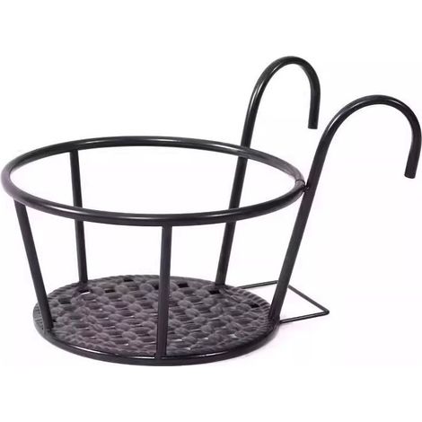 Étagère à fleurs suspendue en fer forgé pour balcon, support pour pots de fleurs à fixer sur la rambarde, support de rangement pour plantes grasses et pothos, fond en maille fine, noir. (1/4)