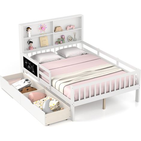 COSTWAY Double Size Bed Frame Solid Wood Platform Bed w/2 Storage Drawers (1/5)