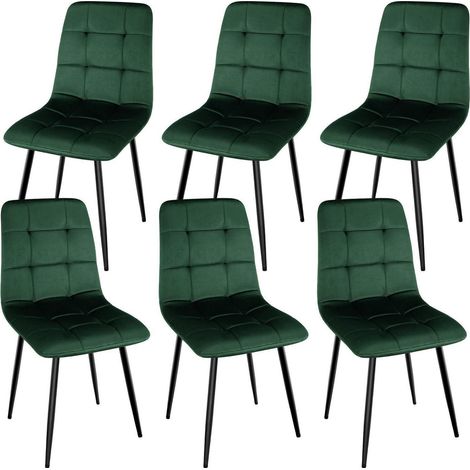 Lot de 6 chaises de salle à manger velours vert foncé, dossier haut, pieds métal (1/5)