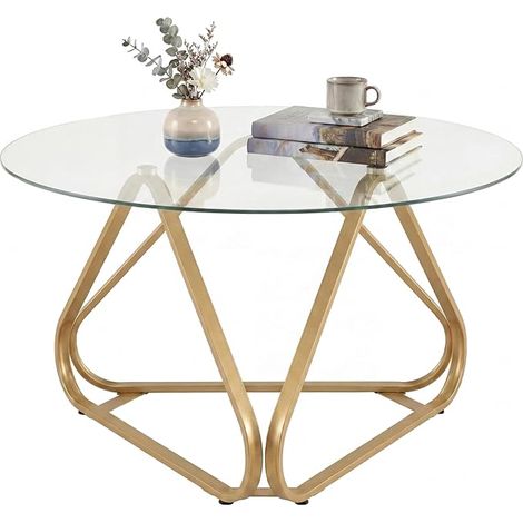 Round Tempered Glass Coffee Table, Clear Living Room Table (Gold) (1/3)