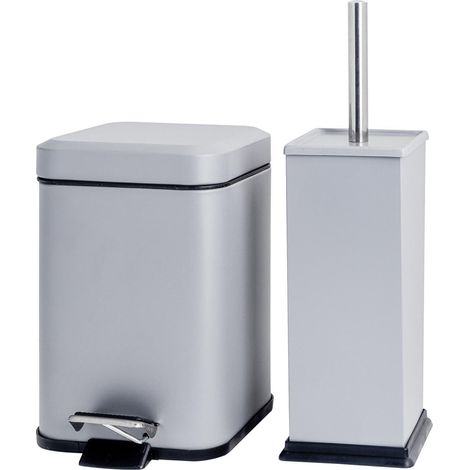 Ensemble poubelle à pédale 3L et brosse WC carrée gris mat en acier inoxydable (1/5)