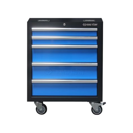 Servante d'atelier mobile 5 tiroirs – Caisson noir mat – Façades bleu brillant – Glissières à billes – Fermeture centralisée à clé – King Tony (1/3)