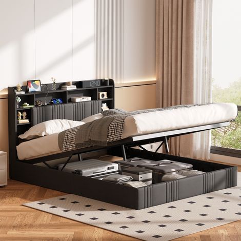Lit Coffre 160x200, Lit 160x200 avec sommier, Lit led 160 x 200 en Lin, Lit Adulte avec Rangement, Tête de Lit Bibliothèque, LED RGB, Prises USB USB-C, Sommier à Lattes,Gris (1/5)