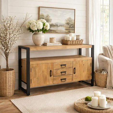 Buffet salon bois clair métal noir 2 portes 3 tiroirs MILORA (1/5)