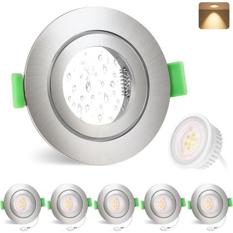 Recessed LED spotlight 230V 2700K 5W IP65 Bathroom spotlights 68mm hole Round flat ceiling spotlights Recessed spotlight for bathroom living room, Brushed nickel, Pack of 6, Non-dimmable (1/5)