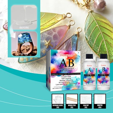 Création de gouttes de cristal en résine époxy (à faire soi-même) - Résine époxy anti-jaunissement AB - Matériel : 100 ml de résine + 100 ml de durcisseur + 2 bâtonnets mélangeurs + 2 gobelets doseurs (1/5)