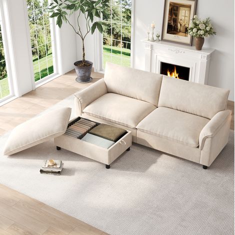 Sofá modular 4 plazas convertible con almacenaje, tapizado en chenilla, color beige (1/5)