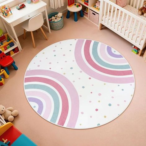 Tapis rond arc-en-ciel, idéal pour les chambres, tapis lavable pour enfants, tapis de princesse coloré. (1/5)