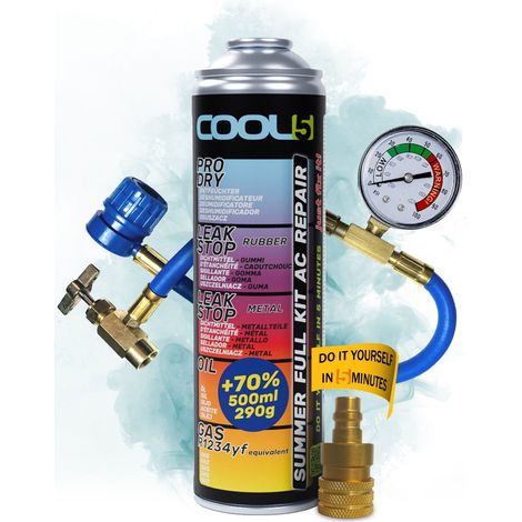 COOL5 5 en 1 - Kit de reparaci贸n de aire acondicionado, reemplazo de refrigerante R1234yf para la recarga de aire acondicionado de autom贸viles posteriores a 2016 + Manguera de presi贸n con man贸metro + 
