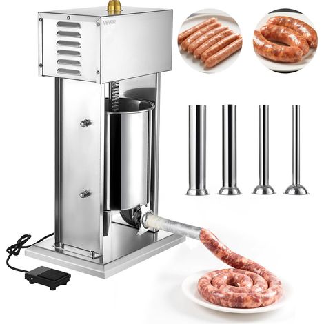 Poussoir à Saucisses Électrique 10 L, Machine à Saucisses Verticale en Acier Inoxydable, Ensacheuse à Contrôle de Vitesse en Continu et Pédale, avec 4 Tubes de Remplissage, pour Cuisine (1/5)