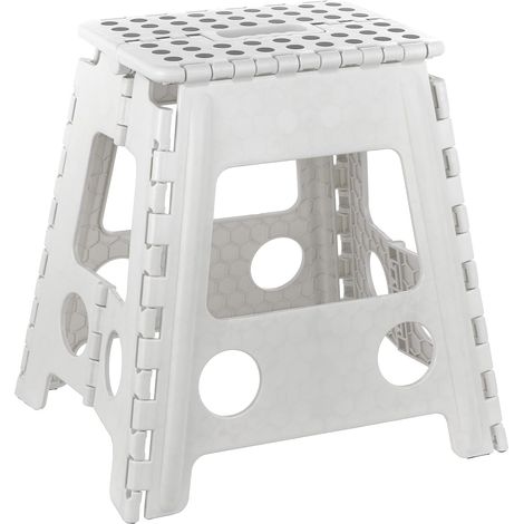 Taburete plegable de PVC, tamaño L (29×22×39 cm), capacidad de 130 kg, ligero y seguro, blanco. (1/5)