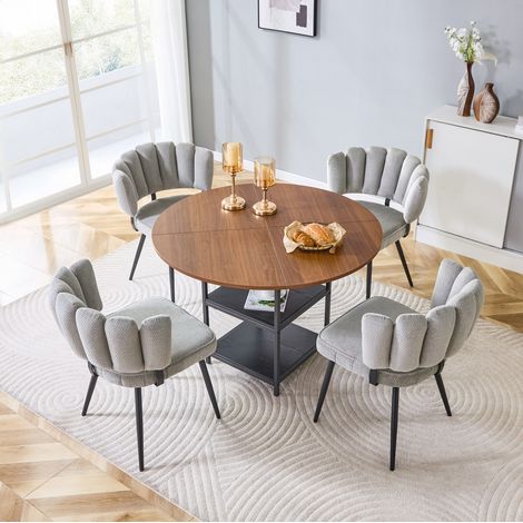Ensemble table ronde 107 cm en effet noyer avec 4 chaises grises en tissu (1/5)