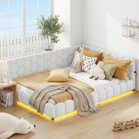 JOOKGBD–Divano Letto 140x200 cm,Letto Matrimoniale Imbottito,Letto per Adolescenti,LED 16 Colori,USB e Type-C,Rete a Doghe,Velluto,Bianco