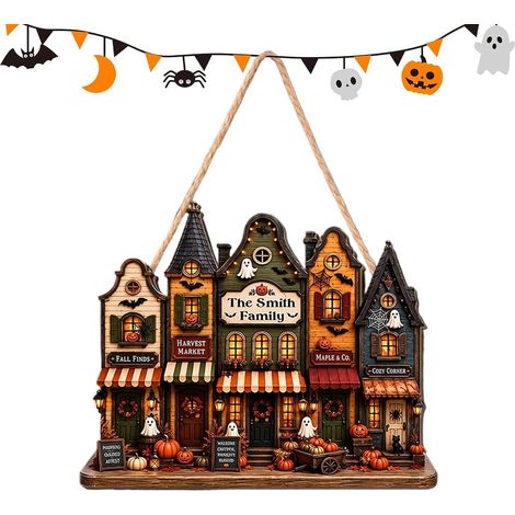 Panneau de porte d'Halloween 2D effet bois (motif château et fantôme) avec corde – Décoration de porte (1/5)