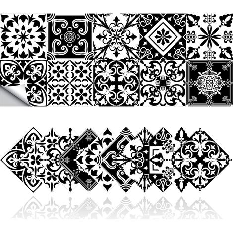 Rétro Carrelage Autocollants Salle De Bains Cuisine Carrelage Adhesif Mural Stickers DIY Imperméable À L'huile PVC Auto-Adhésif Décoration Style Marocain Noir Et Blanc (20,10x10cm) (1/5)