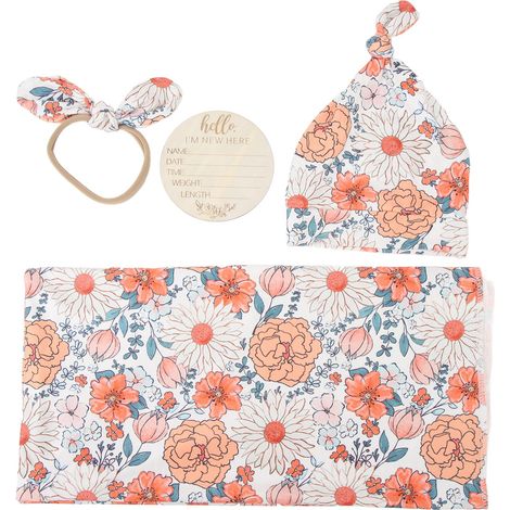 Lot de 4 couvertures enveloppes bébé imprimées fleurs, douces et respirantes, avec bandeau assorti, taille nouveau-né, modèle 1 (1/5)