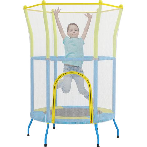 Trampoline enfant, bleu, 190cm, pour enfant, 3 à 6 ans, cordes élastiques et barres rembourrées, filet de sécurité, jeu extérieur