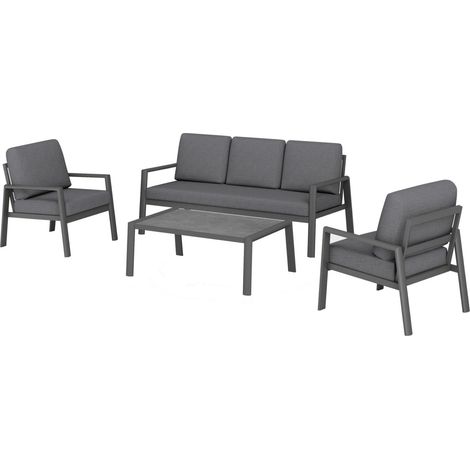 Proloisirs – Salon de jardin complet 4 places Oceane II en aluminium – Structure aluminium avec peinture époxy – Coussins déhoussables en polyester – Table basse rectangulaire SPC (1/4)