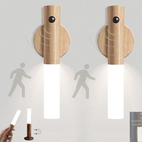 Wall lamp night light, human body induction battery, USB rechargeable two-piece set, wooden lamp, magnetic cabinet light, warm white light (1/4)