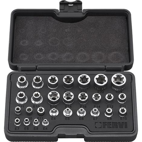 JUEGO DE 28 PZ LLAVES DE VASO PERFIL TORX 1/4" 3/8" 1/2" FERVI 0195 (1/4)