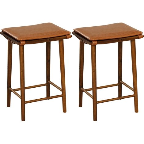 Set of 2 Bar Stools Counter Height Stools Saddle Seat Stool with Solid Wood Legs