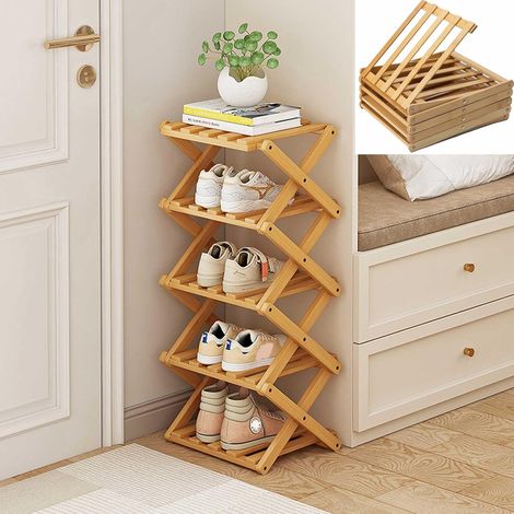 Étagère à chaussures verticale à 5 niveaux en bambou pliable sur pied (1/5)